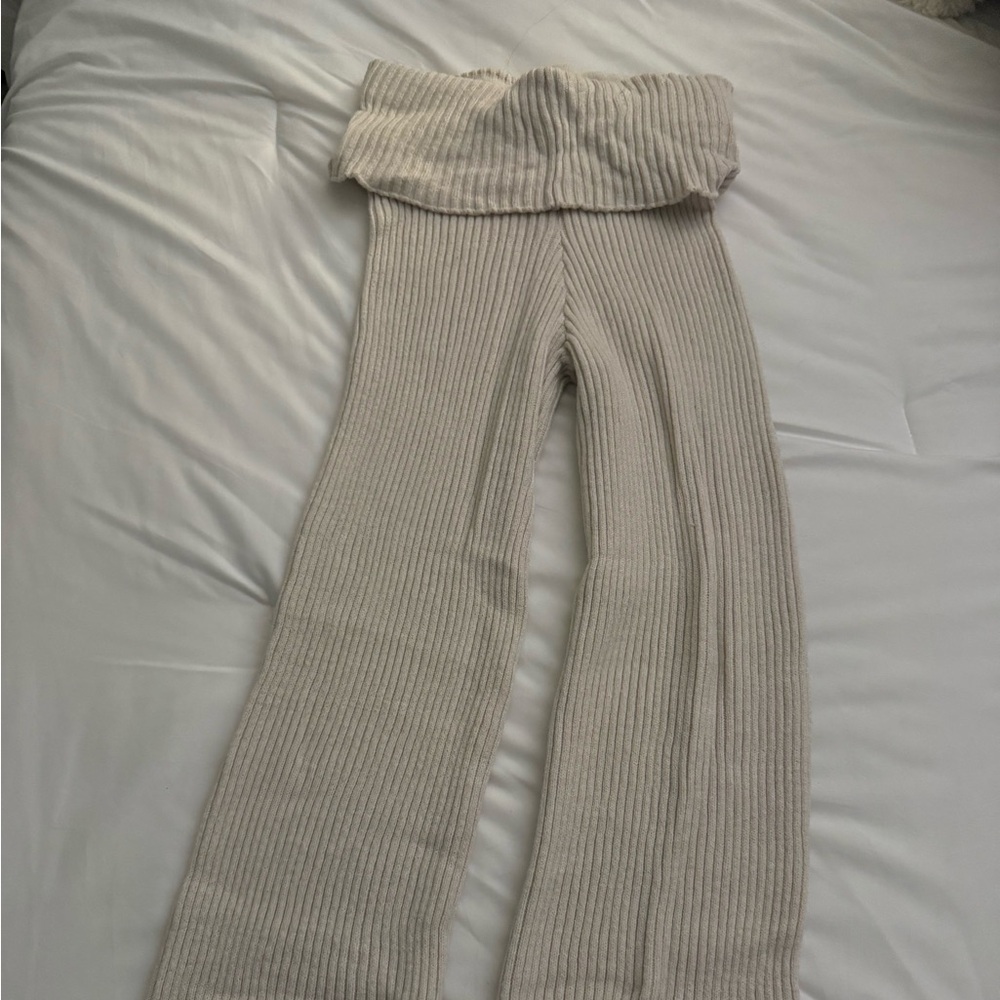 Cream Ribbed fold over flair pants